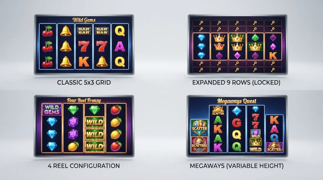 Comparativa visual de las distintas variantes de Fire Blaze (Classics, Golden, Quattro y Mega) con sus diferencias de panel y líneas de pago