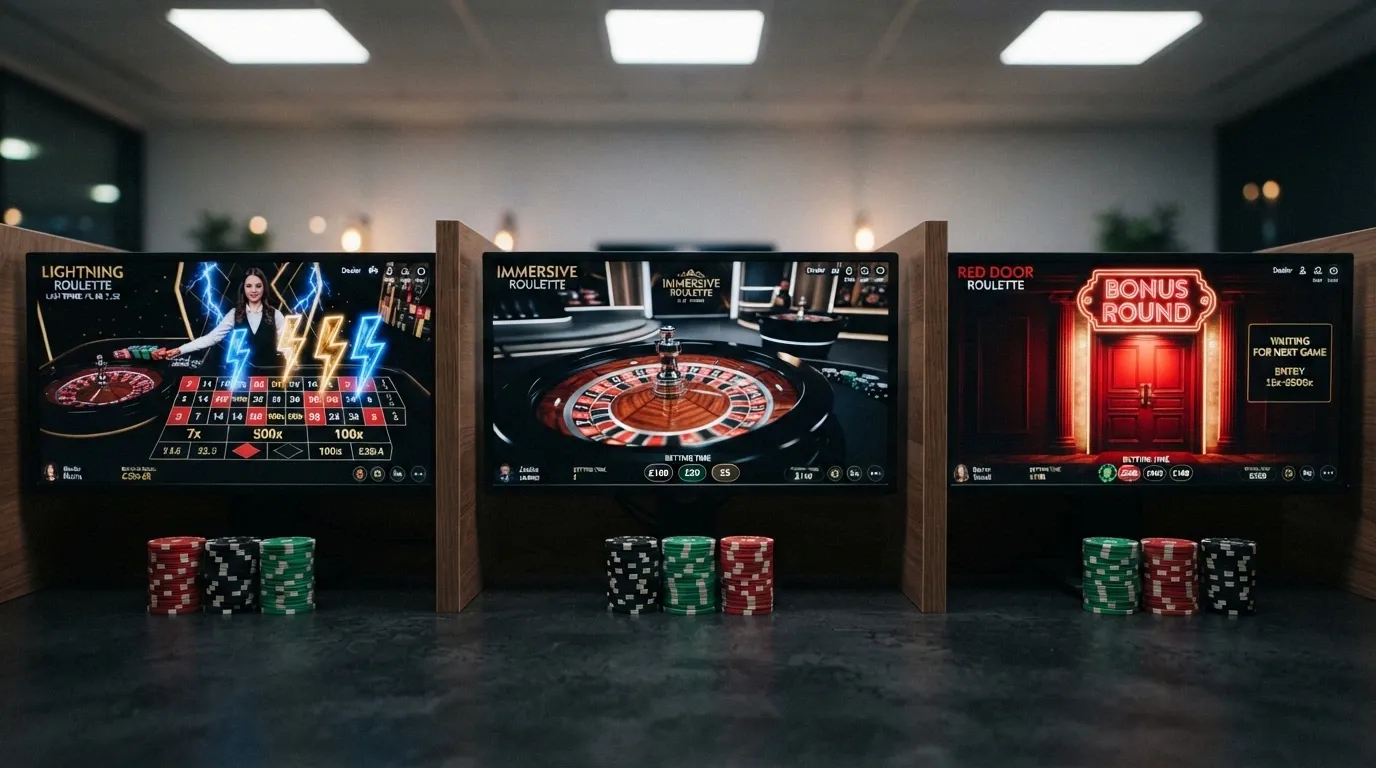 Collage de las fichas de juego de tres variantes de ruleta de Evolution — Lightning Roulette, Immersive Roulette y Ruleta Puerta Roja — con sus interfaces diferenciadas