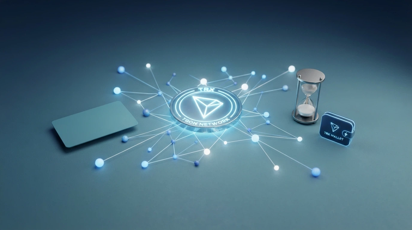 Logotipo de TRON sobre un fondo de nodos de red junto a iconos de métodos de pago: tarjeta tachada, monedero cripto activo y un cronómetro