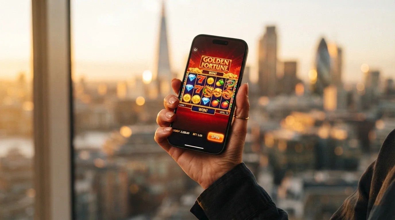 Un primer plano de una mano sujetando un móvil con la app de un casino abierta, con la ciudad de fondo desenfocada al atardecer
