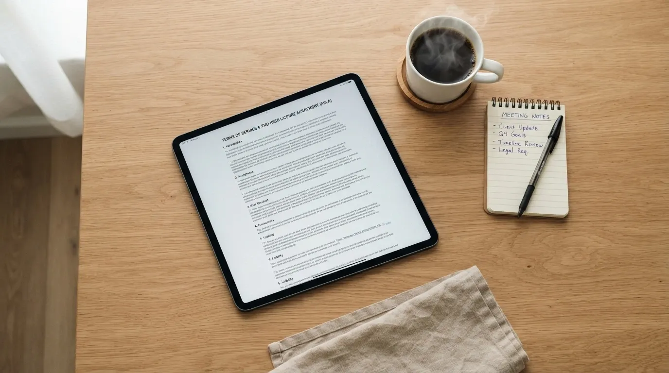 Plano cenital de un jugador consultando las condiciones de un bono de reembolso en una tablet, con una taza de café al lado, en un entorno doméstico tranquilo