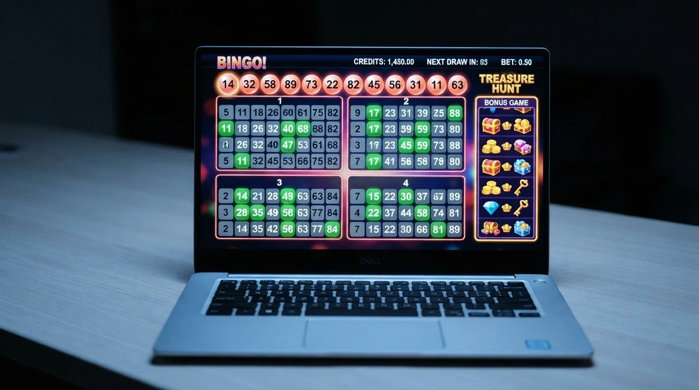 Pantalla de un juego de video bingo con cuatro cartones activos, bolas extra iluminadas y un minijuego de bonificación abierto